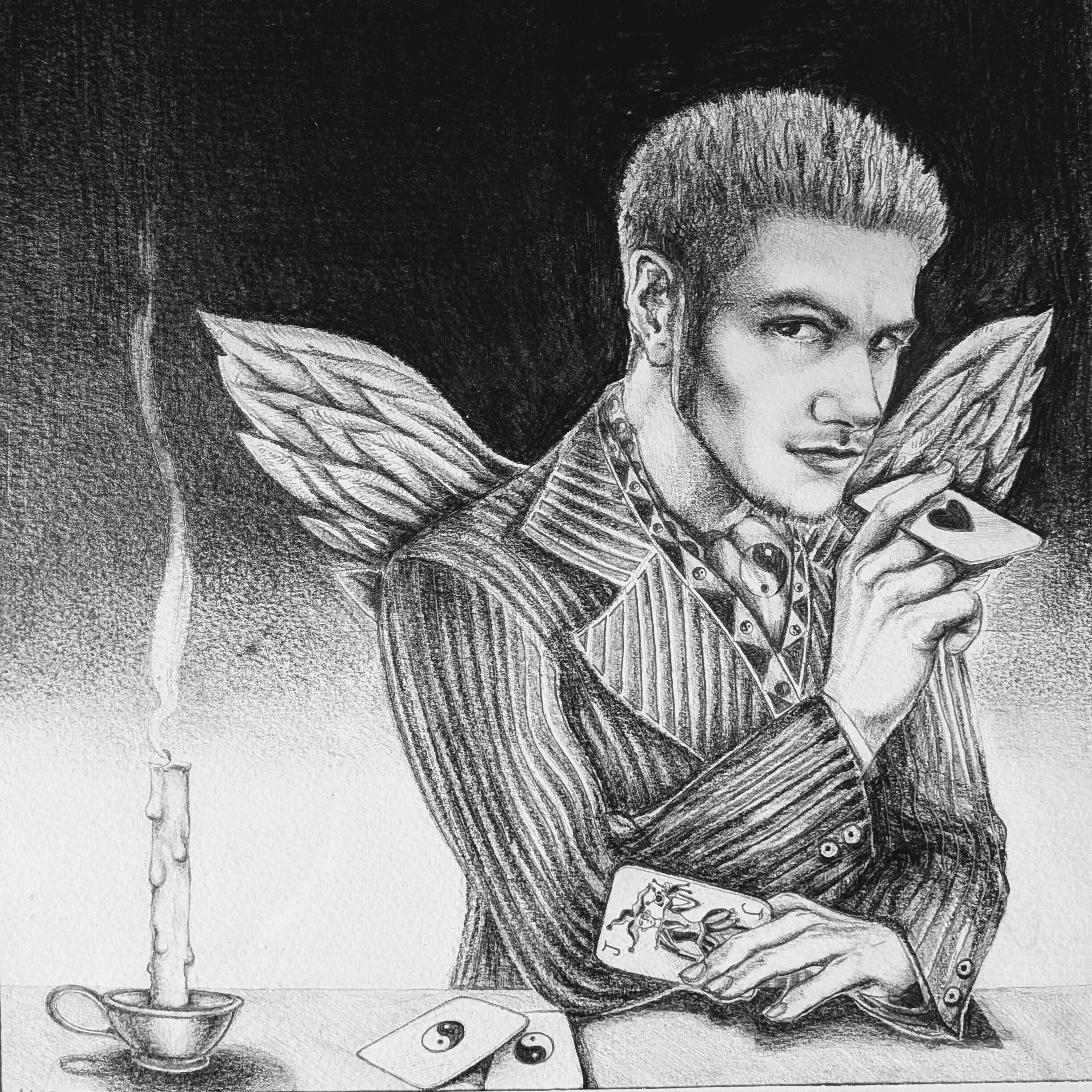 Portrait drawing from 1998 showing a tarot-themed scene.